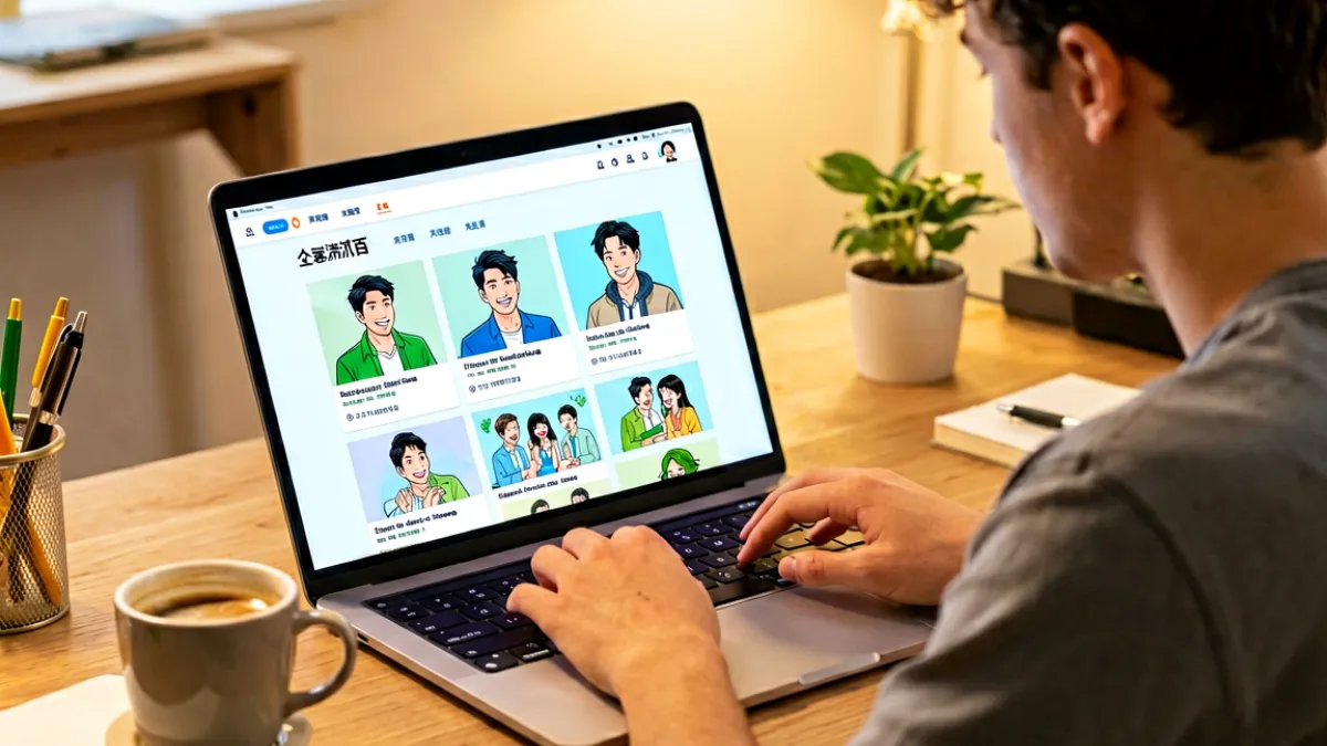一位用户坐在笔记本电脑前浏览禁漫天堂官方主站，屏幕上显示着清晰的漫画目录和流畅的页面加载动画，旁边放着一杯咖啡营造出轻松的阅读氛围