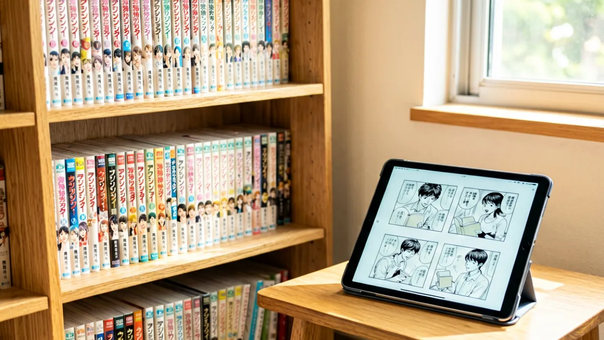 书架上整齐排列着各类漫画单行本，旁边放着一台平板电脑显示着电子版漫画页面，阳光从窗户洒入营造出舒适的阅读空间