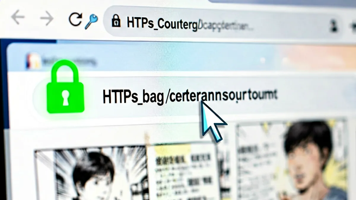浏览器地址栏特写截图，HTTPS 绿色锁形安全图标清晰可见，旁边显示完整域名，鼠标指针悬停在标签页上，背景是模糊的漫画阅读页面